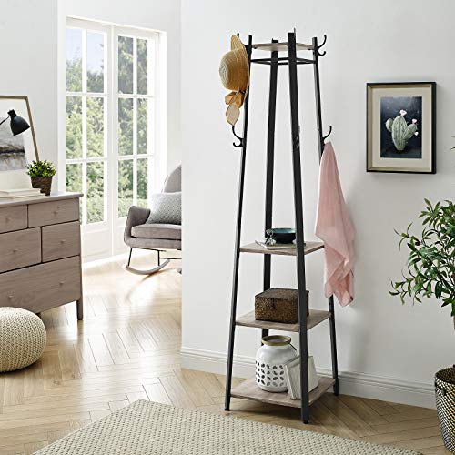 Coat Rack, Coat Stand with 3 Shelves, Ladder Shelf with Hooks for Scarves, Bags and Umbrellas, Steel Frame, Industrial Style, Greige and Black LCR080B02-Vashome.sk