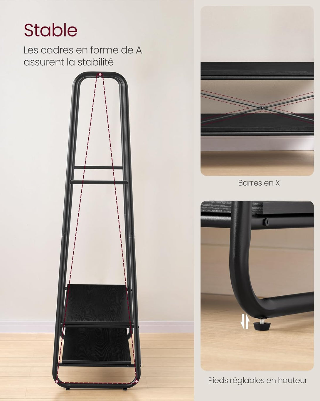 Vešiak na oblečenie, s 2 policami a 6 háčikmi, 45 x 100 x 160 cm, čierny-Vashome.sk