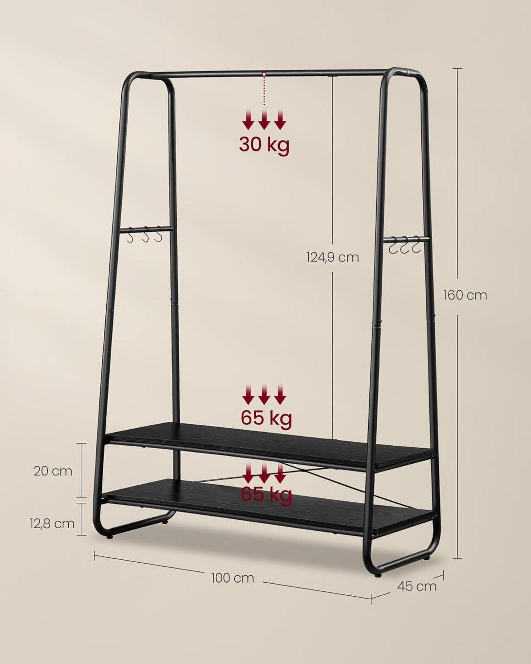 Vešiak na oblečenie, s 2 policami a 6 háčikmi, 45 x 100 x 160 cm, čierny-Vashome.sk