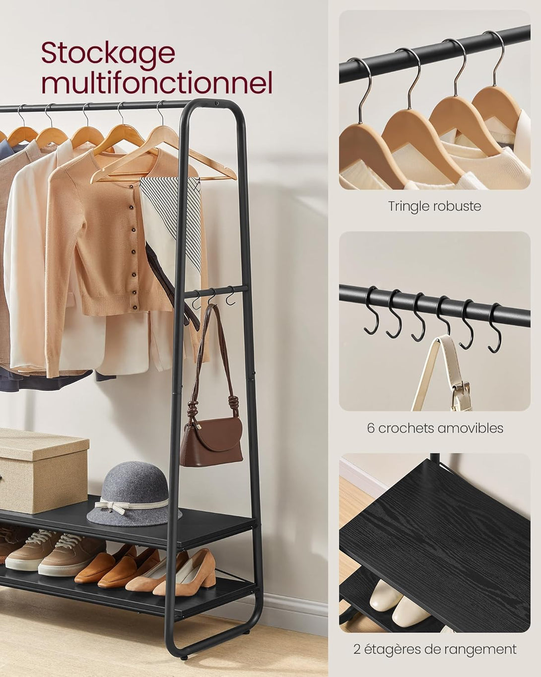 Vešiak na oblečenie, s 2 policami a 6 háčikmi, 45 x 100 x 160 cm, čierny-Vashome.sk