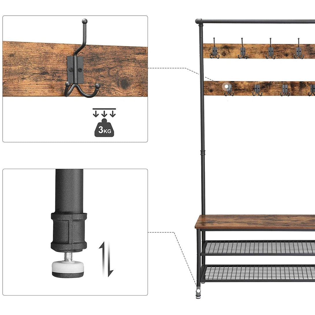 Rustikálny vešiakový stojan na kabáty s lavicou na topánky, 97 x 41,5 x 182 cm-Vashome.sk