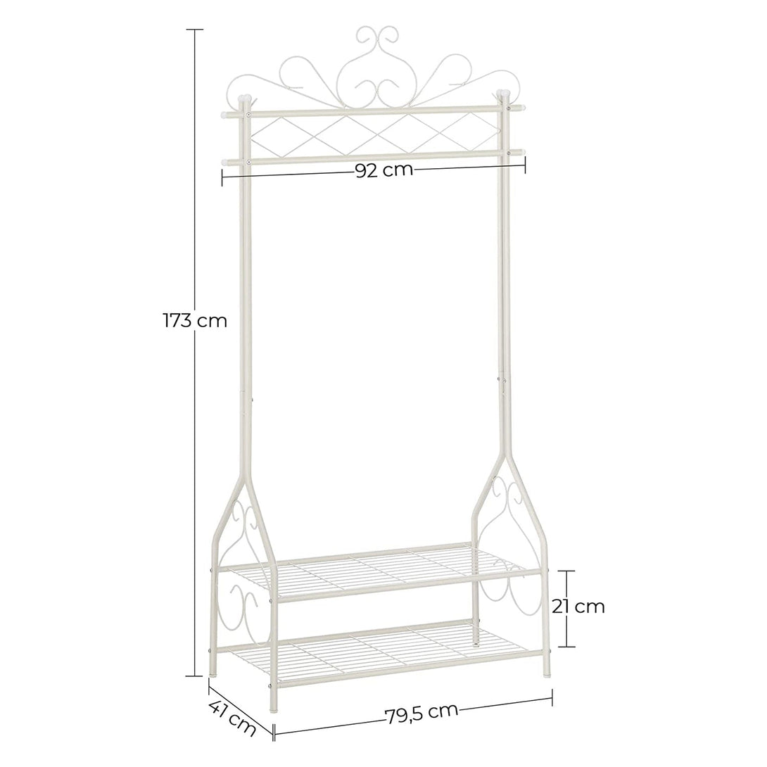 Vintage stojan na šaty s 1 koľajnicou a 2 kovovými policami, krémovo biely | SONGMICS