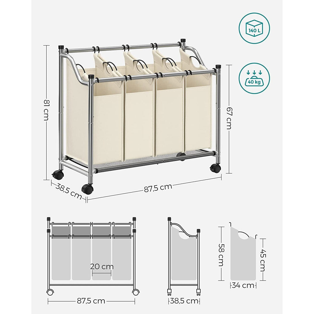 Vozík na prádlo so 4 odnímateľnými látkovými vakmi, 4 x 35 litrov, béžový-Vashome.sk