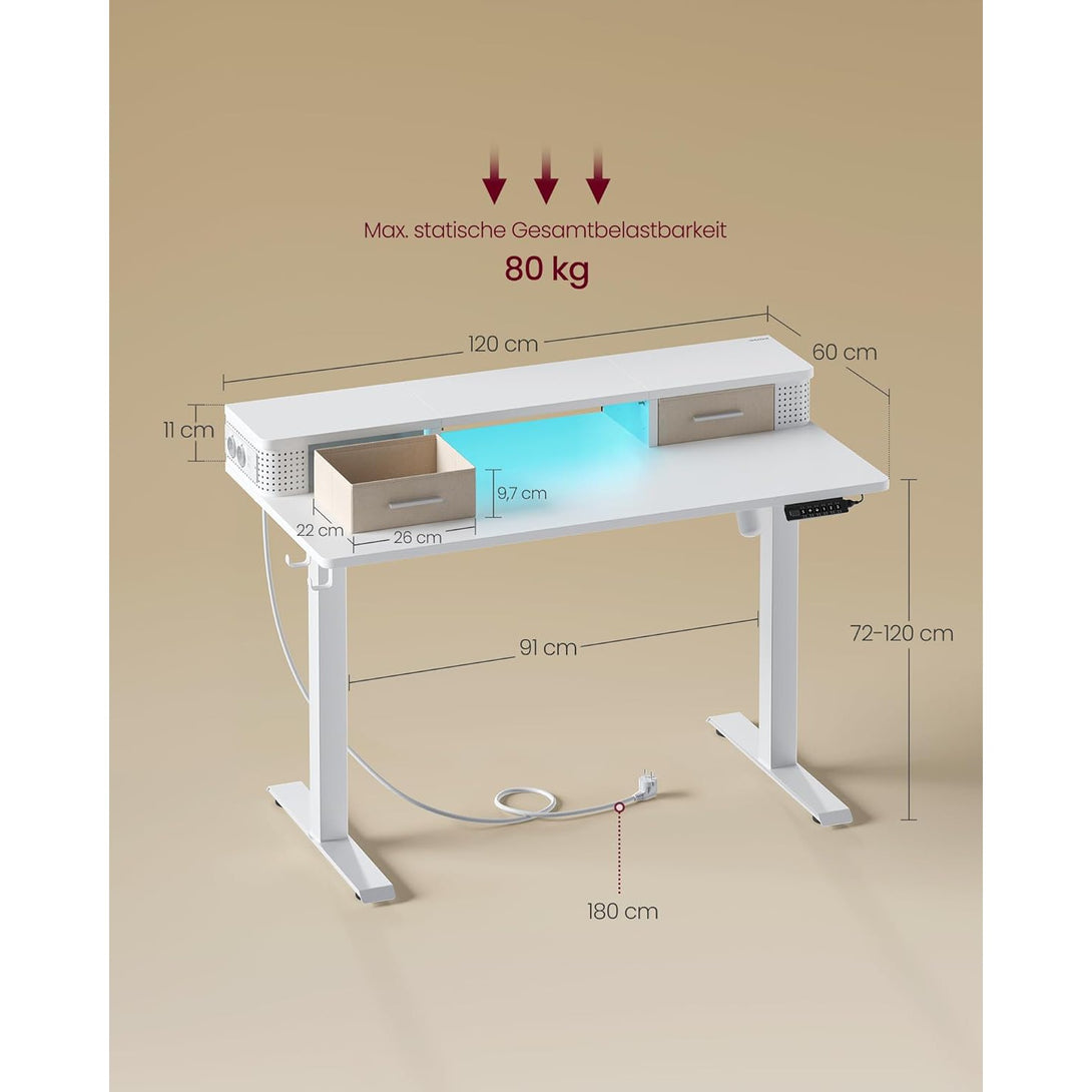 Magasságállítható elektromos íróasztal LED világítással, 60 x 120 x (72-120) cm, feher-Vashome.sk