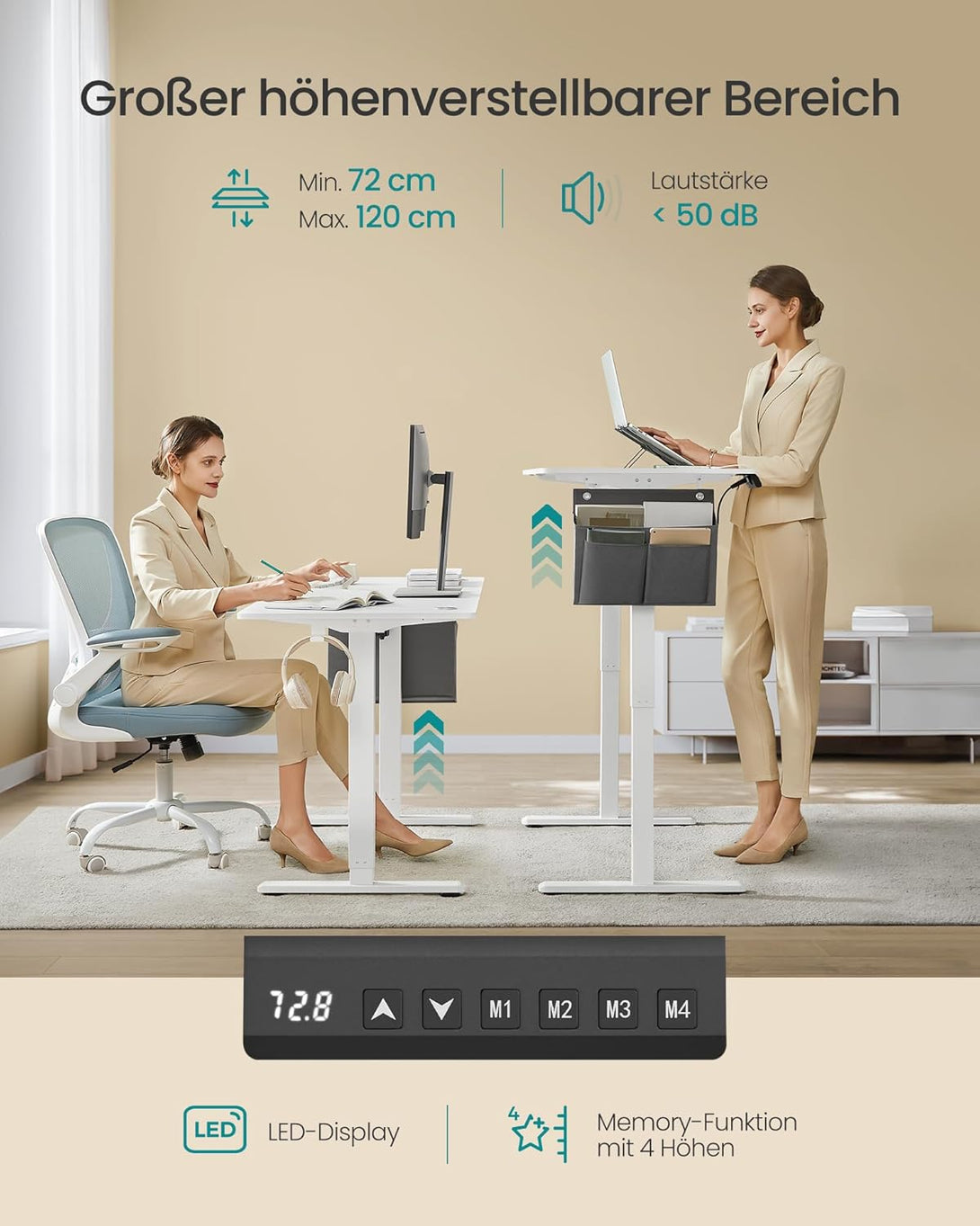 Výškovo nastaviteľný elektrický stôl, 60 x 140 x 72–120 cm, biely-Vashome.sk