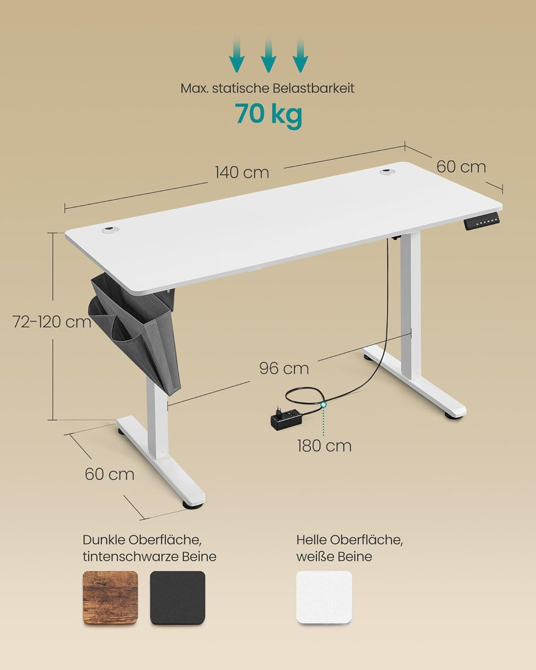 Výškovo nastaviteľný elektrický stôl, 60 x 140 x 72–120 cm, biely-Vashome.sk