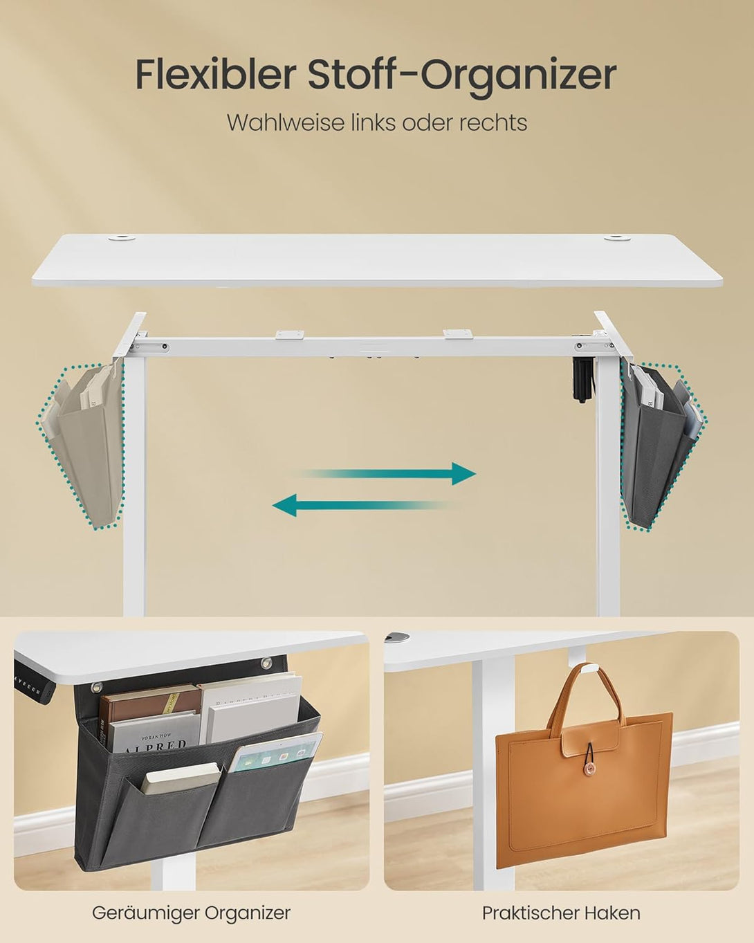 Výškovo nastaviteľný elektrický stôl, 60 x 140 x 72–120 cm, biely-Vashome.sk