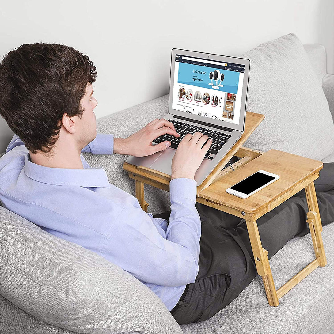 SONGMICS Výškovo nastaviteľný stolík na notebook, skladací bambusový stolík, 5 x (21-29) x 35 cm-Vashome.sk