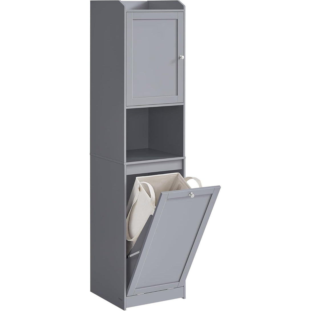 Vysoká kúpeľňová skrinka, skrinka s košom na prádlo, sivá farba-Vashome.sk