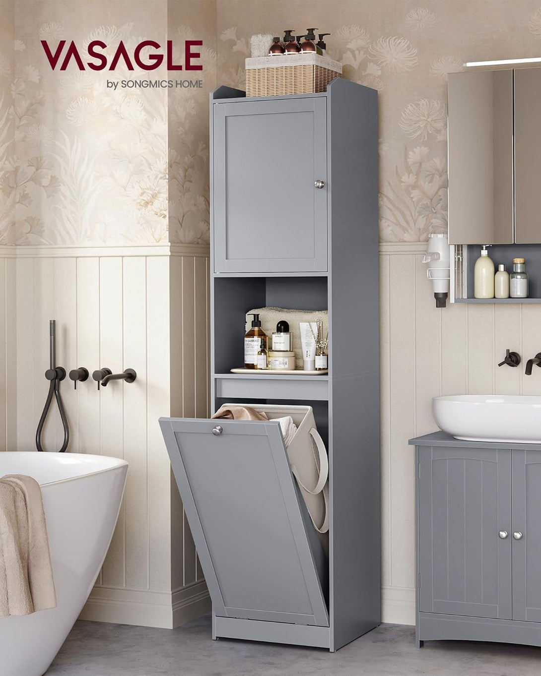 Vysoká kúpeľňová skrinka, skrinka s košom na prádlo, sivá farba-Vashome.sk
