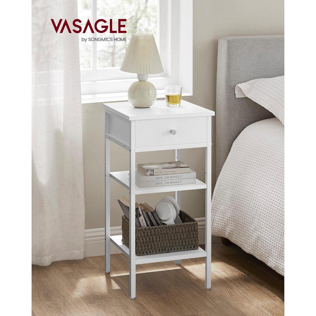 Vysoký nočný stolík s jednou zásuvkou a 2 otvorenými priehradkami, biely | VASAGLE-Vashome.sk