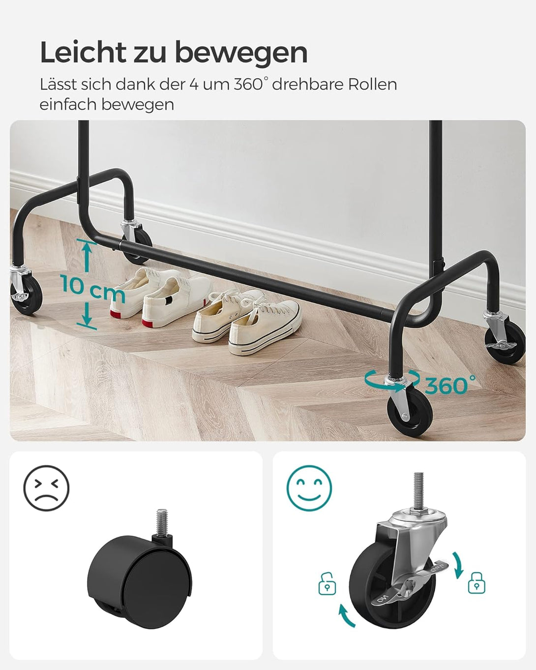 Výsuvný vešiak na šaty na kolieskach s vysokou nosnosťou, 130 kg, čierny-Vashome.sk