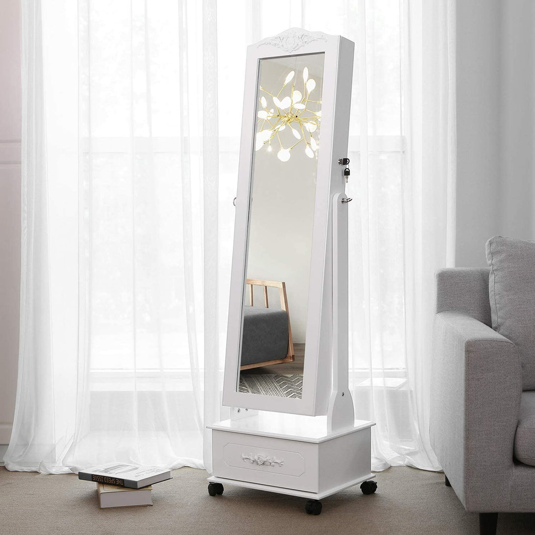 Zrkadlová skrinka na šperky s kolieskami a LED osvetlením, uzamykateľná, biela-Vashome.sk